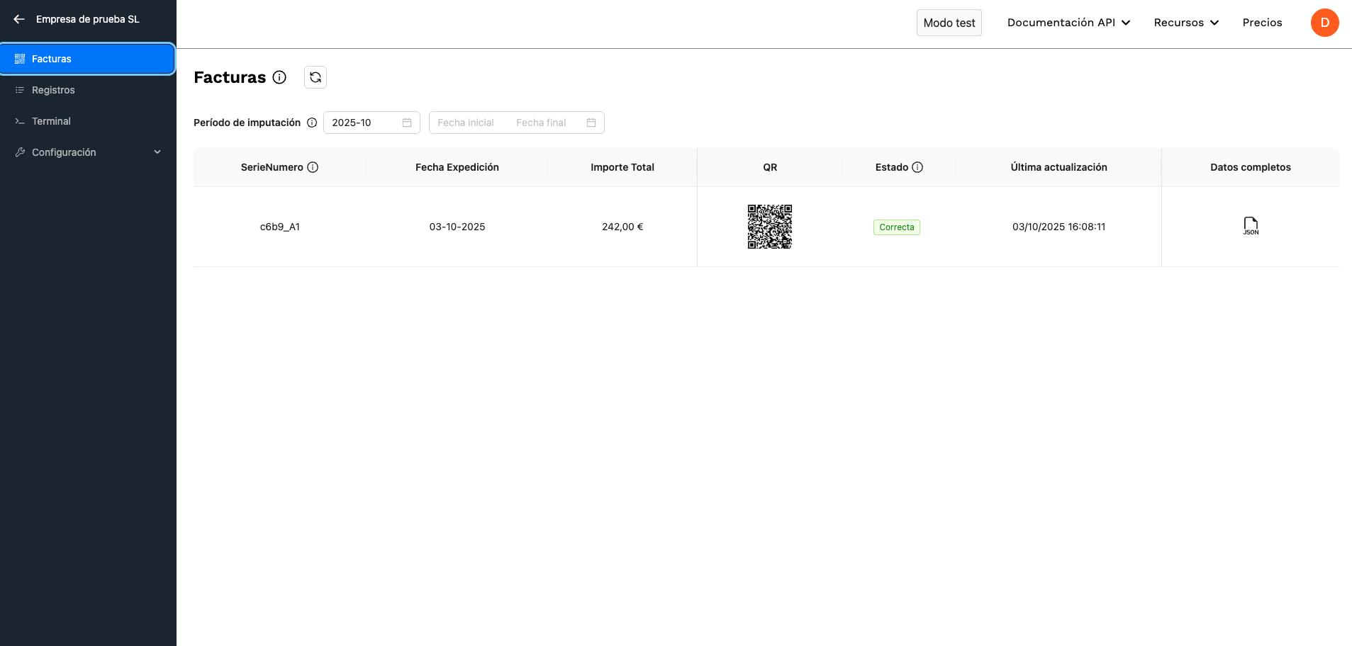 Tabla de registros - Correcto