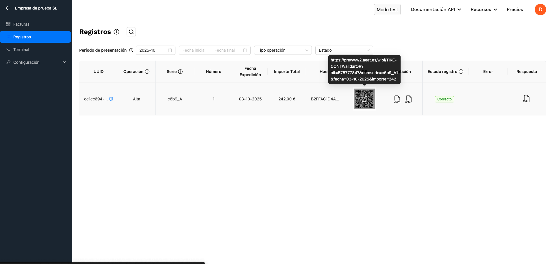 Tabla de registros - Correcto