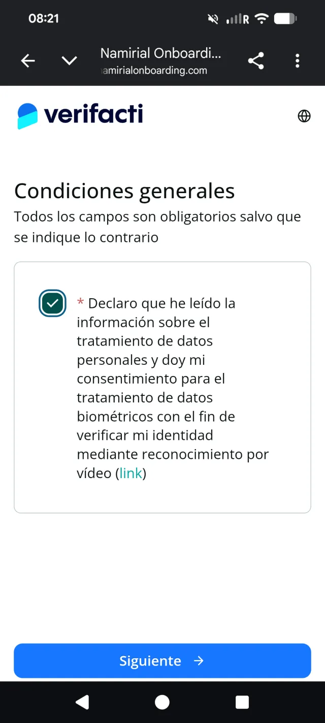 Pantalla de consentimiento del tratamiento de datos personales y biométricos
