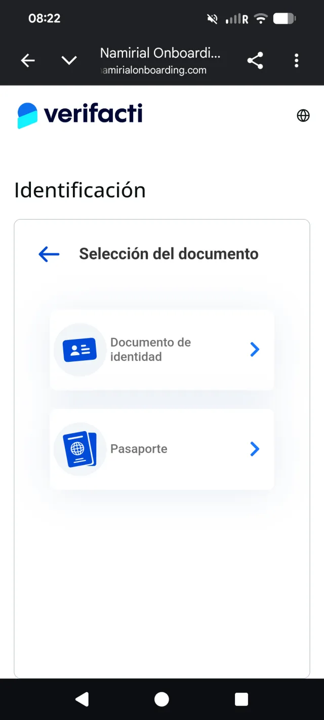 Selección del tipo de documento: documento de identidad o pasaporte