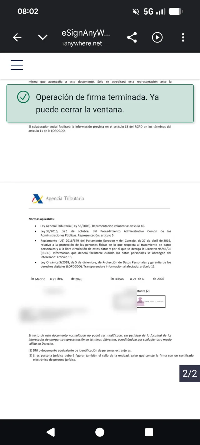 Pantalla de operación de firma terminada